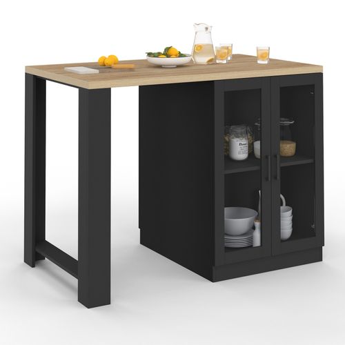Ilot Central Lino 120 Cm 2 Personnes Bois Noir Avec Plan De Travail Façon Hêtre Et Portes Vitrées