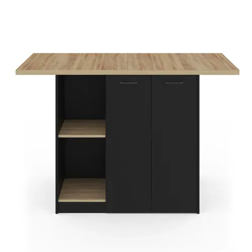 Ilot Central Bao 140 Cm 4 Personnes Bois Noir Avec Plan De Travail Façon Hêtre