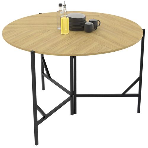 Table à Manger Pliante Ronde Yael 4 Personnes Bois Et Noir Design Industriel 110 Cm
