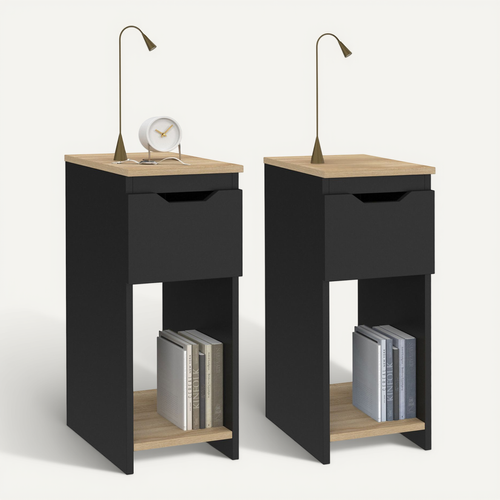 Lot De 2 Tables De Chevet étroites Anouk 1 Tiroir Avec Niche Noir Et Bois