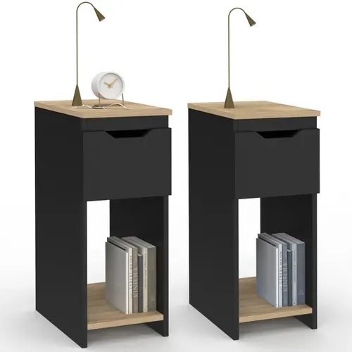 Lot De 2 Tables De Chevet étroites Anouk 1 Tiroir Avec Niche Noir Et Bois