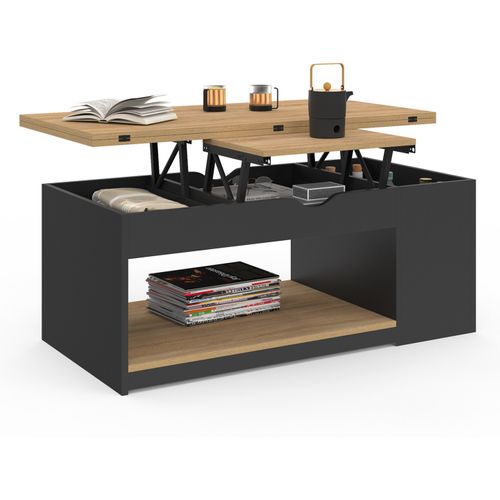 Table Basse Plateau Relevable Rectangulaire Convertible En Table à Manger Elea 100 Cm Bois Noir Et F