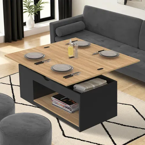 Table Basse Plateau Relevable Rectangulaire Convertible En Table à Manger Elea 100 Cm Bois Noir Et F