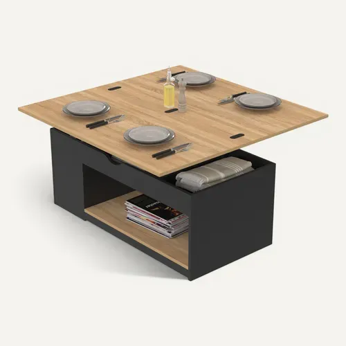 Table Basse Plateau Relevable Rectangulaire Convertible En Table à Manger Elea 100 Cm Bois Noir Et F