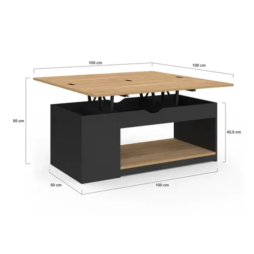 Table Basse Plateau Relevable Rectangulaire Convertible En Table à Manger Elea 100 Cm Bois Noir Et F