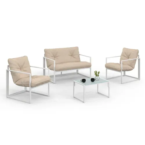 Salon De Jardin Bas Nairobi 4 Places En Acier Blanc Et Coussins Beiges