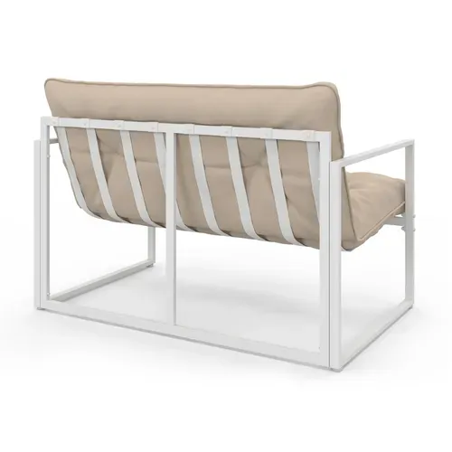 Salon De Jardin Bas Nairobi 4 Places En Acier Blanc Et Coussins Beiges