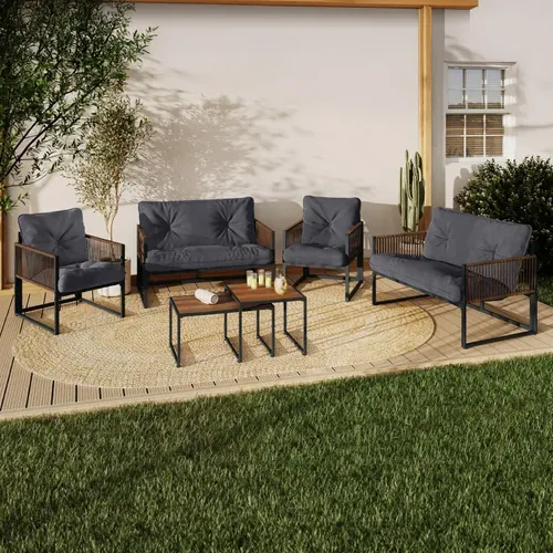 Salon De Jardin Bas Rio 6 Places Structure Métal Gris Anthracite, Cordage Effet Rotin Avec Coussins