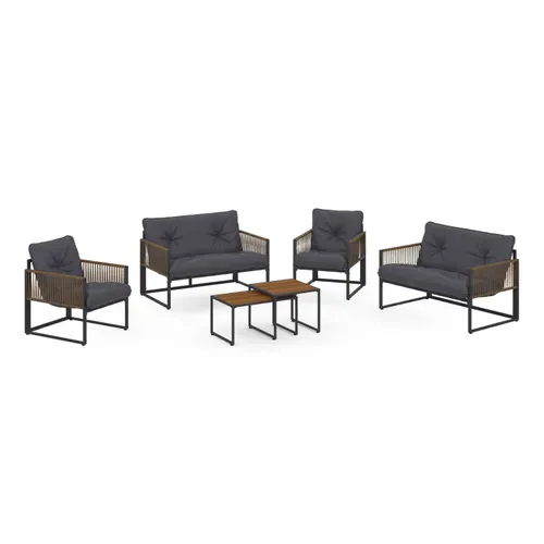 Salon De Jardin Bas Rio 6 Places Structure Métal Gris Anthracite, Cordage Effet Rotin Avec Coussins