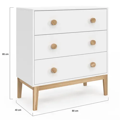 Commode 3 Tiroirs Jacob 80 Cm Enfant Blanc Et Bois
