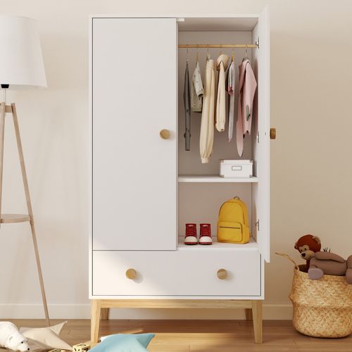 Armoire Enfant 2 Portes Jacob Avec Tiroir Blanc Et Bois