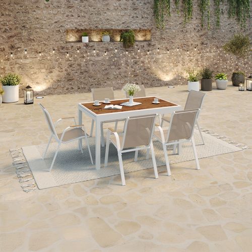 Salon De Jardin Noumea Table Extensible 135/270 Cm Plateau Verre Trempé Effet Bois Et 12 Chaises Emp