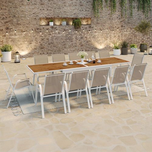 Salon De Jardin Noumea Table Extensible 135/270 Cm Plateau Verre Trempé Effet Bois Et 12 Chaises Emp