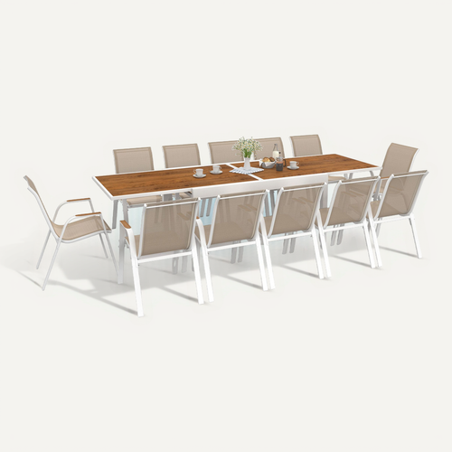 Salon De Jardin Noumea Table Extensible 135/270 Cm Plateau Verre Trempé Effet Bois Et 12 Chaises Emp