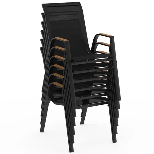 Salon De Jardin Noumea Table 240 Cm Plateau Verre Trempé Effet Bois Et 10 Chaises Empilables Noir Et
