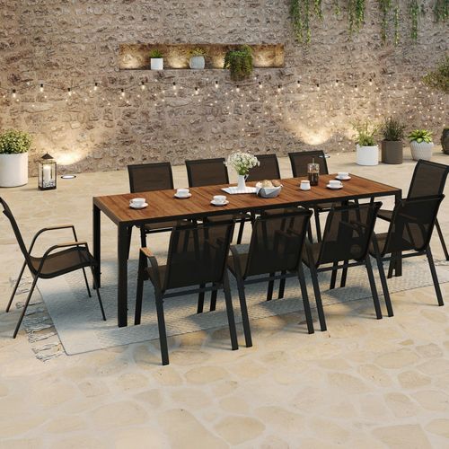 Salon De Jardin Noumea Table 240 Cm Plateau Verre Trempé Effet Bois Et 10 Chaises Empilables Noir Et