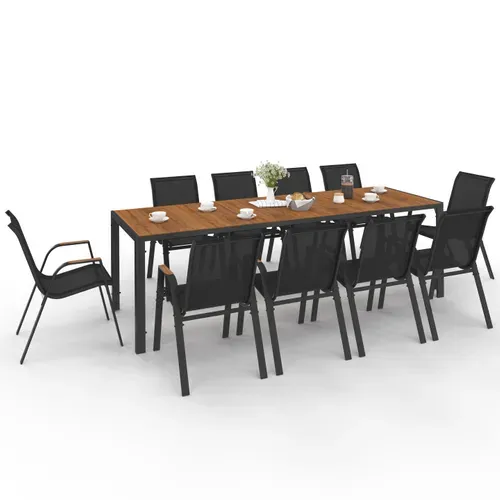 Salon De Jardin Noumea Table 240 Cm Plateau Verre Trempé Effet Bois Et 10 Chaises Empilables Noir Et