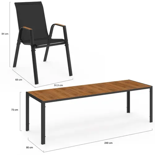 Salon De Jardin Noumea Table 240 Cm Plateau Verre Trempé Effet Bois Et 10 Chaises Empilables Noir Et