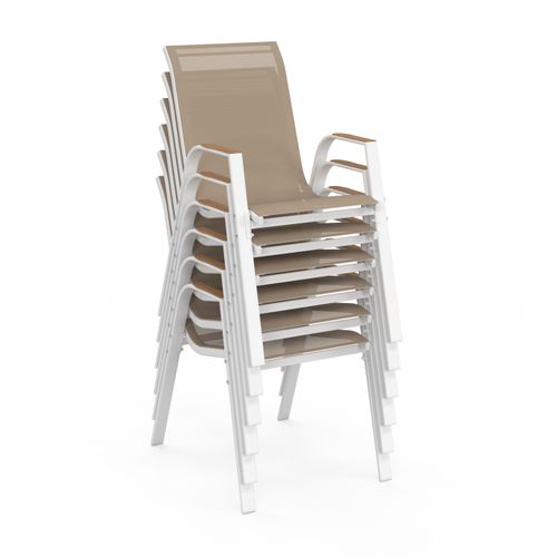 Salon De Jardin Noumea Table 190 Cm Plateau Verre Trempé Effet Bois Et 8 Chaises Empilables Blanc Et