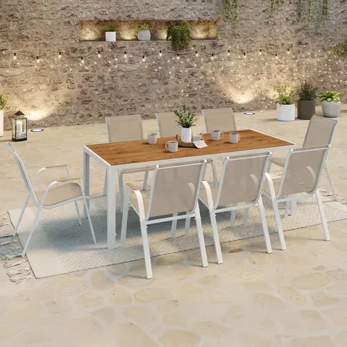 Salon De Jardin Noumea Table 190 Cm Plateau Verre Trempé Effet Bois Et 8 Chaises Empilables Blanc Et