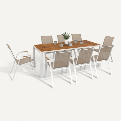Salon De Jardin Noumea Table 190 Cm Plateau Verre Trempé Effet Bois Et 8 Chaises Empilables Blanc Et