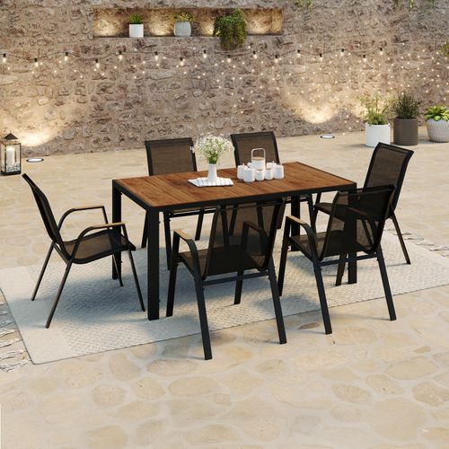 Salon De Jardin Noumea Table 150 Cm Plateau Verre Trempé Effet Bois Et 6 Chaises Empilables Noir Et