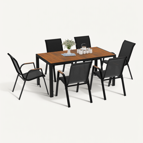 Salon De Jardin Noumea Table 150 Cm Plateau Verre Trempé Effet Bois Et 6 Chaises Empilables Noir Et