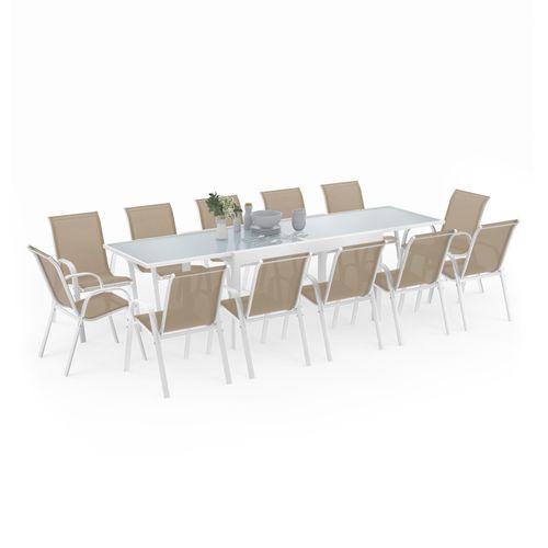 Salon De Jardin Madrid Table Extensible 135-270 Cm Et 12 Chaises Empilables Blanc Et Beige