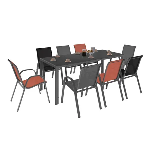 Salon De Jardin Madrid Table 190 Cm Et 8 Chaises Empilables Mix Color Gris, Noir Et Terracotta