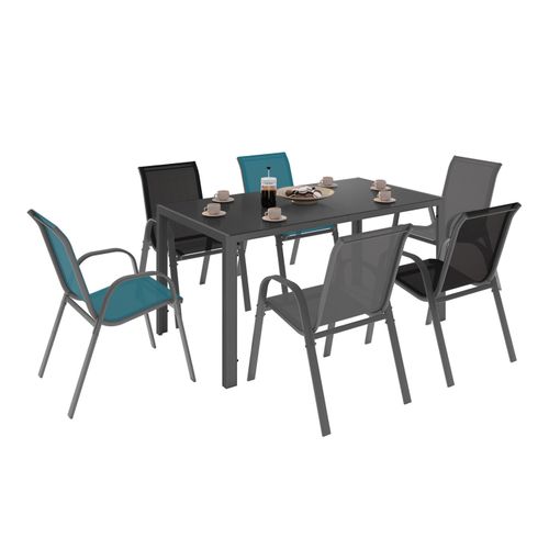 Salon De Jardin Madrid Table 150 Cm Et 6 Chaises Empilables Mix Color Gris, Noir Et Bleu