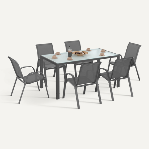 Salon De Jardin Madrid Table 150 Cm Et 6 Chaises Empilables Gris Anthracite Plateau Clair