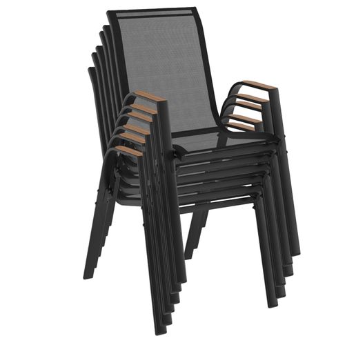 Lot De 6 Chaises De Jardin Noumea Métal Et Textilène Empilables Noir Et Bois