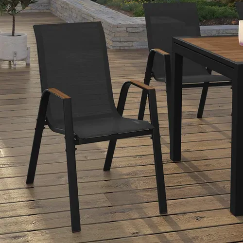 Lot De 6 Chaises De Jardin Noumea Métal Et Textilène Empilables Noir Et Bois