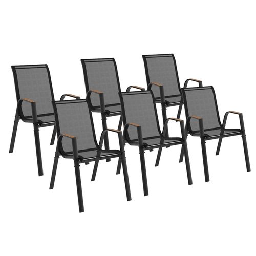 Lot De 6 Chaises De Jardin Noumea Métal Et Textilène Empilables Noir Et Bois