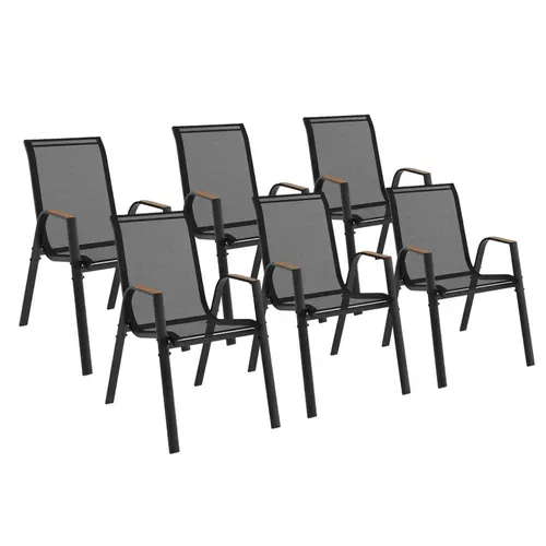Lot De 6 Chaises De Jardin Noumea Métal Et Textilène Empilables Noir Et Bois
