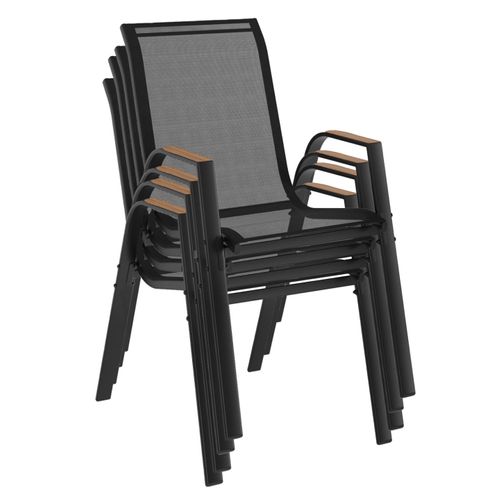 Lot De 4 Chaises De Jardin Noumea Métal Et Textilène Empilables Noir Et Bois