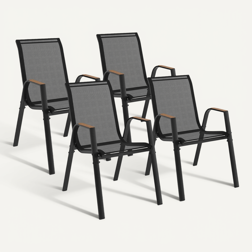 Lot De 4 Chaises De Jardin Noumea Métal Et Textilène Empilables Noir Et Bois