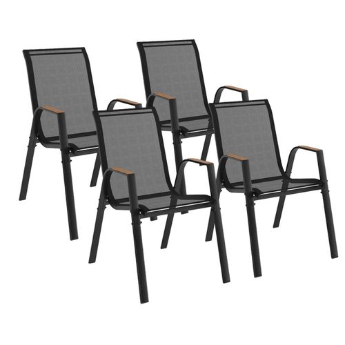 Lot De 4 Chaises De Jardin Noumea Métal Et Textilène Empilables Noir Et Bois