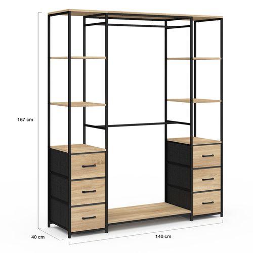 Dressing Double Penderie + Double Colonne L. 140 Cm Utah Avec 6 Étagères Et 6 Bacs En Tissu Bois Et