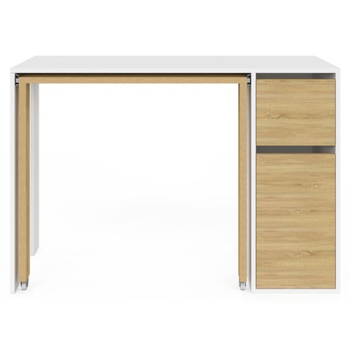 Bureau Extensible Ron Avec Colonne De Rangement Tiroir Et Placard Blanc Et Bois