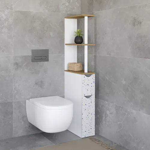 Meuble Wc étagère Willy 2 Portes Motif Terrazzo Et Hêtre