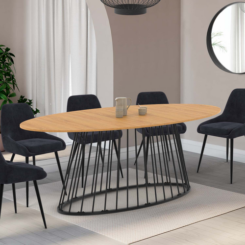 Table à Manger Ovale Yuna 10 Personnes Plateau Bois Et Pied Filaire En Métal Noir 200 Cm