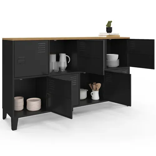 Buffet Casier 139 Cm Ester 8 Portes En Métal Noir Plateau Bois Design Industriel