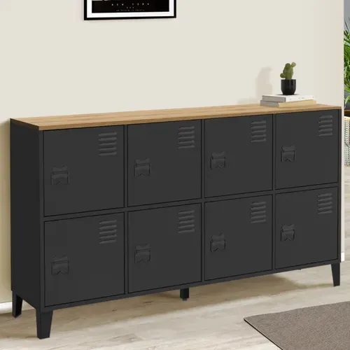 Buffet Casier 139 Cm Ester 8 Portes En Métal Noir Plateau Bois Design Industriel
