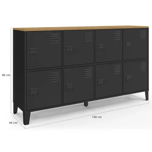 Buffet Casier 139 Cm Ester 8 Portes En Métal Noir Plateau Bois Design Industriel