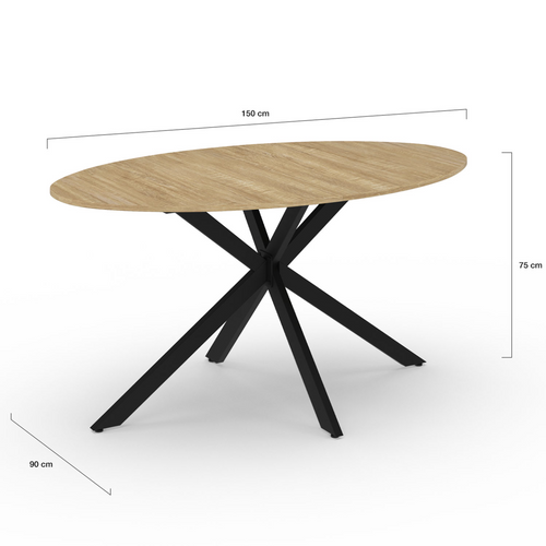 Table à Manger Ovale Alix 8 Personnes Pied Araignée Bois Et Noir 150 Cm