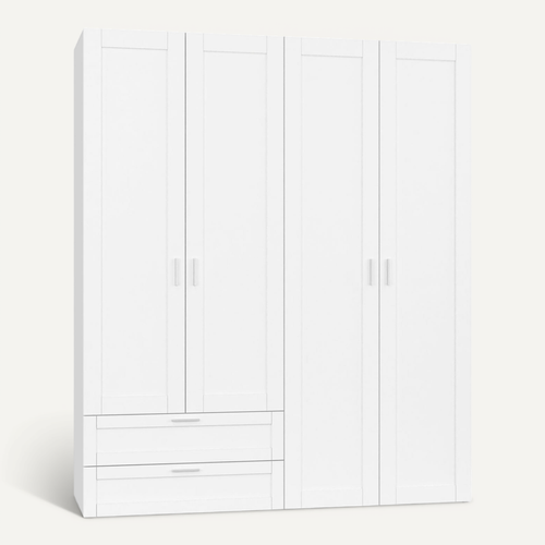Armoire 4 Portes Vito Blanc Penderie 160 Cm Avec 2 Tiroirs Et étagères