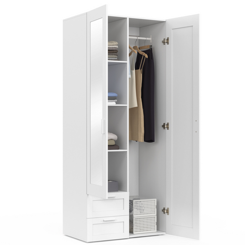 Armoire 2 Portes Vito Blanc Penderie 80 Cm Avec 2 Tiroirs, Miroir Et Étagères