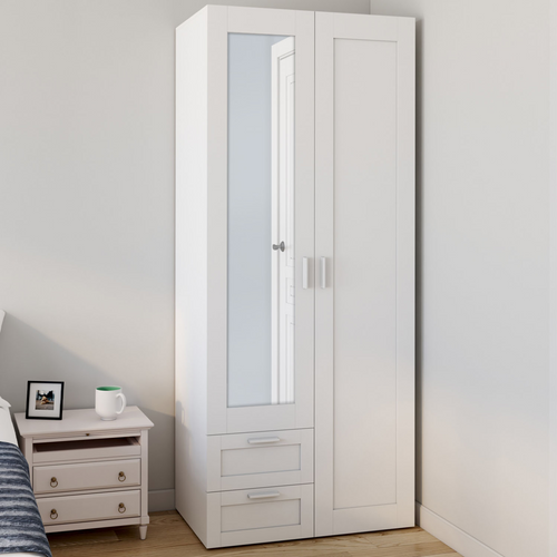Armoire 2 Portes Vito Blanc Penderie 80 Cm Avec 2 Tiroirs, Miroir Et Étagères