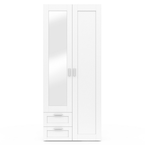Armoire 2 Portes Vito Blanc Penderie 80 Cm Avec 2 Tiroirs, Miroir Et Étagères
